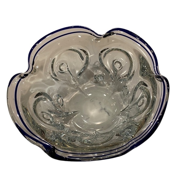 1990s Lillian Vernon Crystal Candy Bowl With Cobalt And Ruffle Edge Vintage - Picture 5 of 15